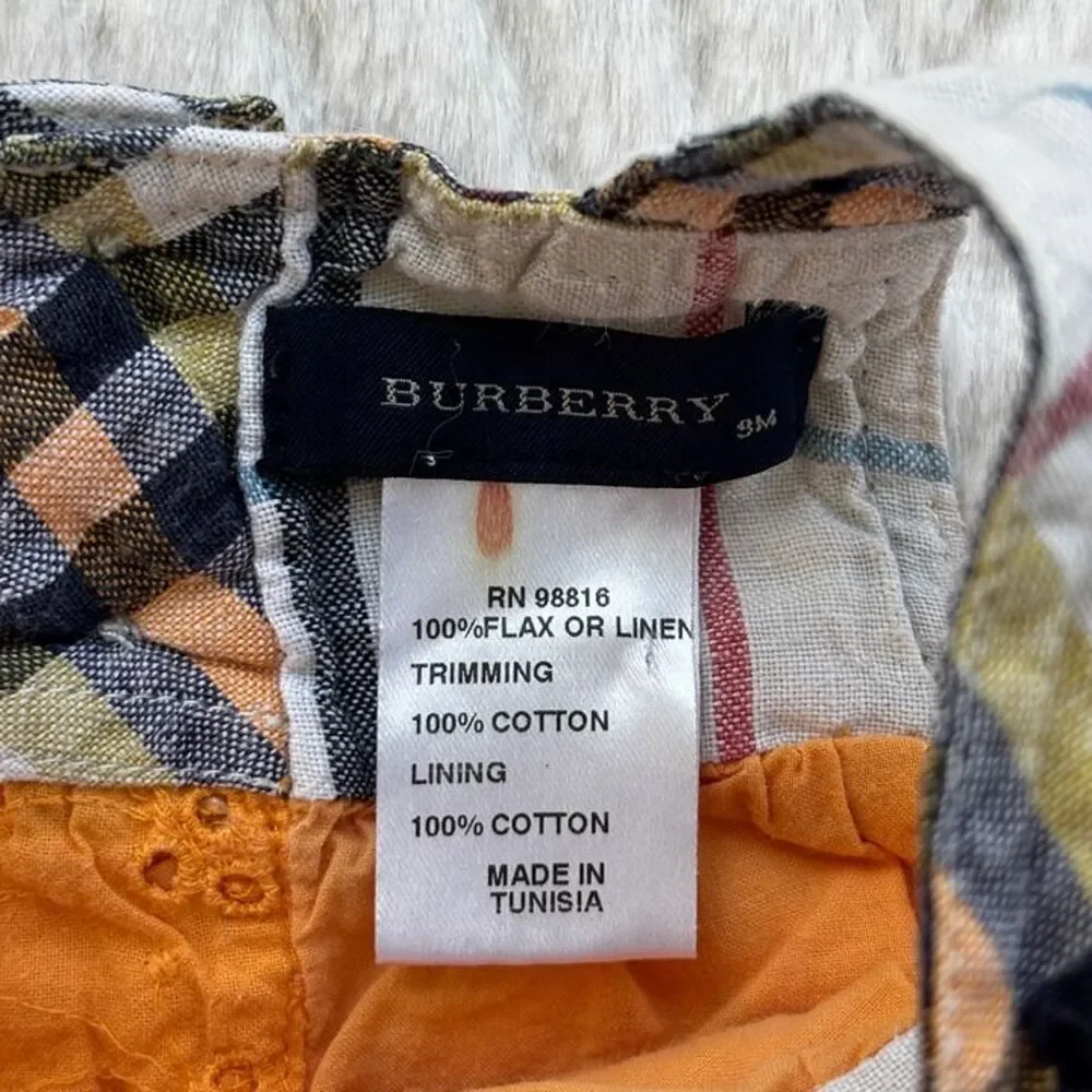 Burberry Baby Girls 9M Orange Eyelet Plaid Linen Dress Summer Lined